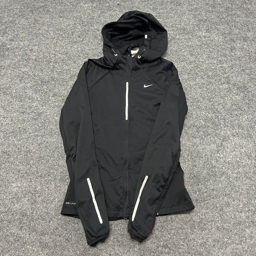 Nike Running Jacket Womens Size XS Black Dri-Fit Reflective Hooded Windbreaker
